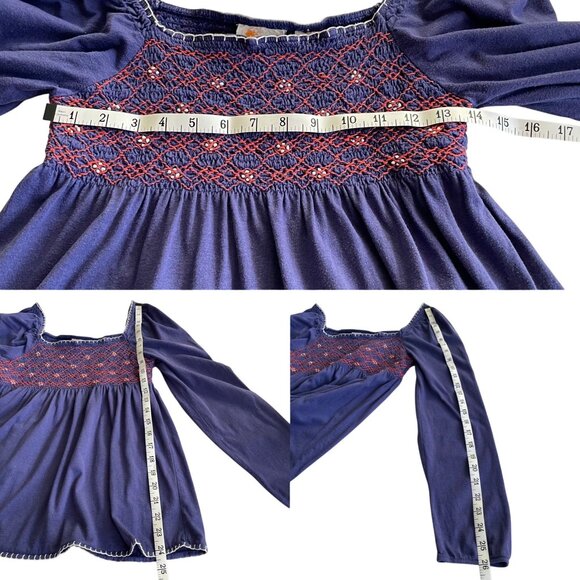 Anthropologie C. Keer Boho Embroidered Smocked Blurple Peasant Blouse Size Small - Picture 4 of 5